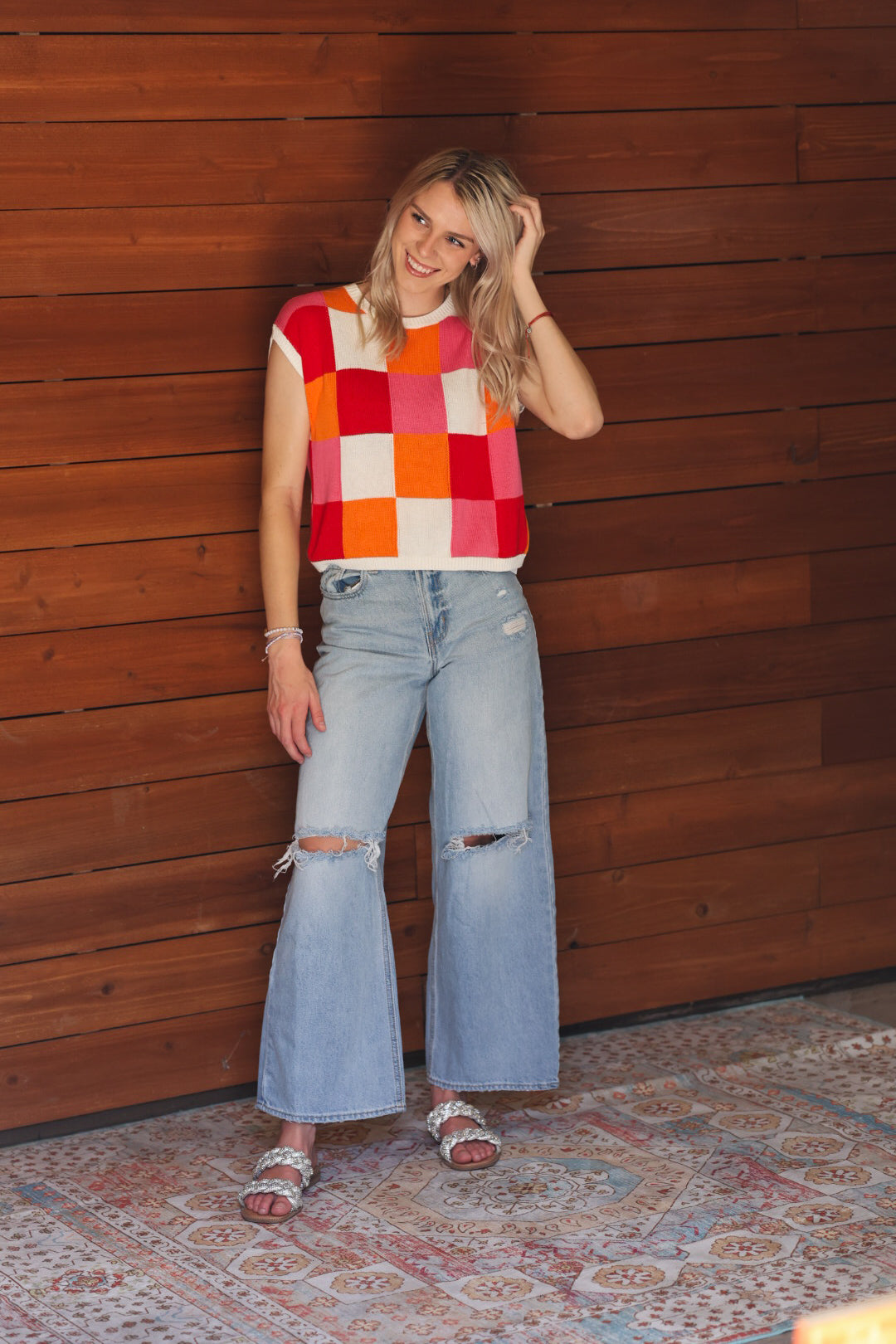 Fiery Color Block Cap Sleeve Sweater