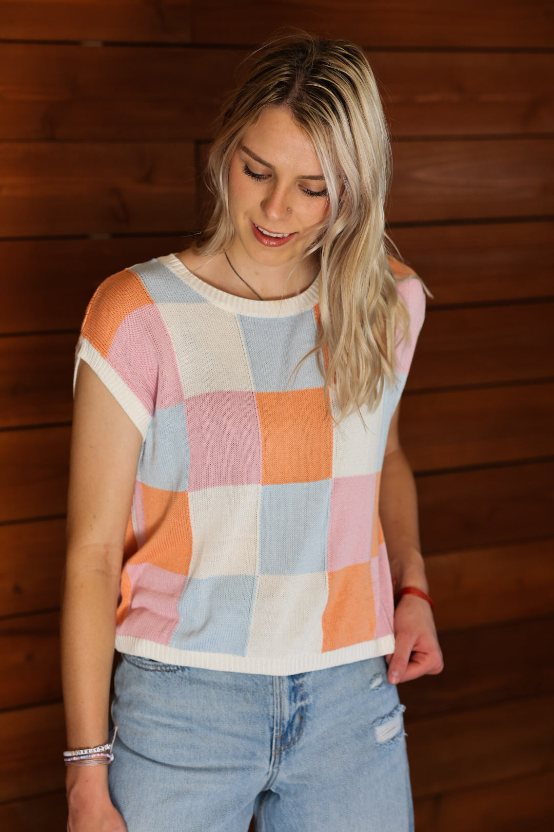 Pastel Color Block Cap Sleeve Sweater