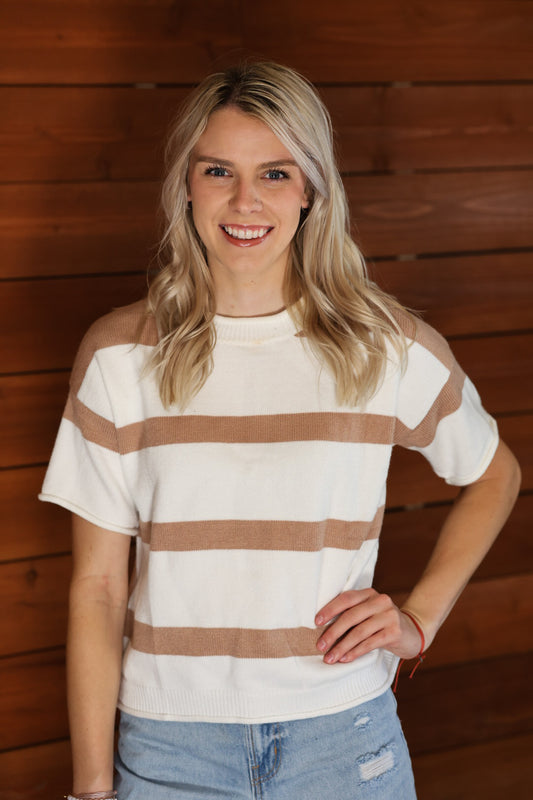 Tan and White Stripe Knit Top